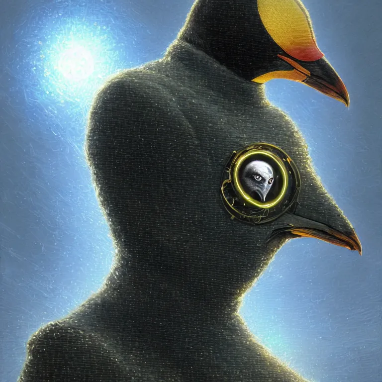 Image similar to A solarpunk very highly detailed Anthropomorphic cybertronic penguin wearing sport suit with very highly detailed face on the street of a very highly detailed solarpunk city digital impressionism art by Greg Rutkowski and Josan Gonzalez, highly detailed, digital concept art, Volumetric natural light, sharp focus, Golden Ratio illustration, realistic concept art by Stephen Hickman and James Gurney and Hiromasa Ogura Ghost in the Shell rendered in VRAY, From the distance