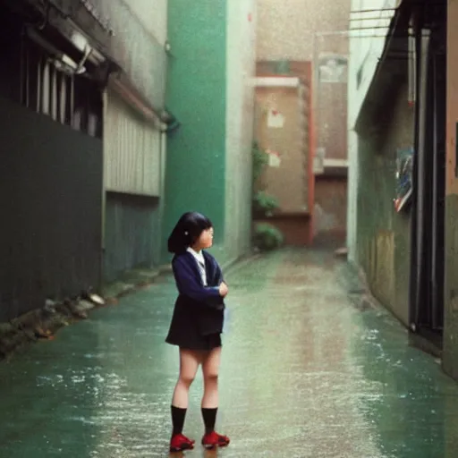 Image similar to 1990s perfect 8K HD professional cinematic photo of close-up japanese schoolgirl posing in sci-fi dystopian alleyway at morning during rain, at instagram, Behance, Adobe Lightroom, with instagram filters, depth of field, taken with polaroid kodak portra