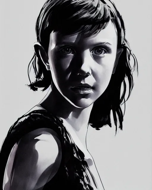 Image similar to close up portrait of millie bobby brown by yoji shinkawa, black and white, dramatic lighting