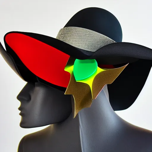 Image similar to [high tech cowboy hat in futuristic colours and fabrics, object design, couture]