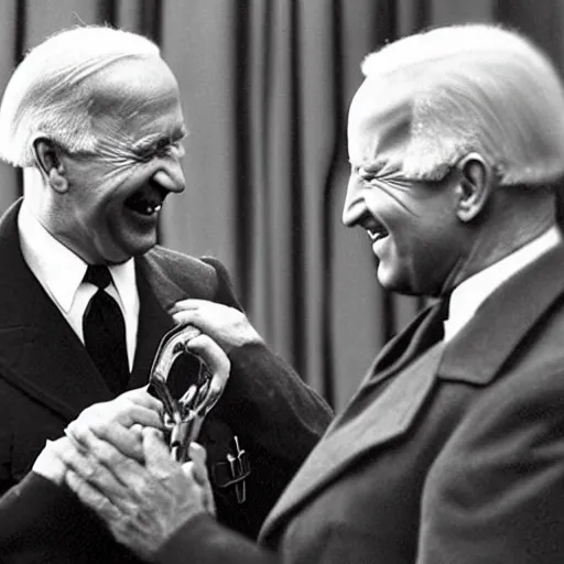 Image similar to “ very photorealistic photo of hitler and joe biden laughing together, award - winning details ”