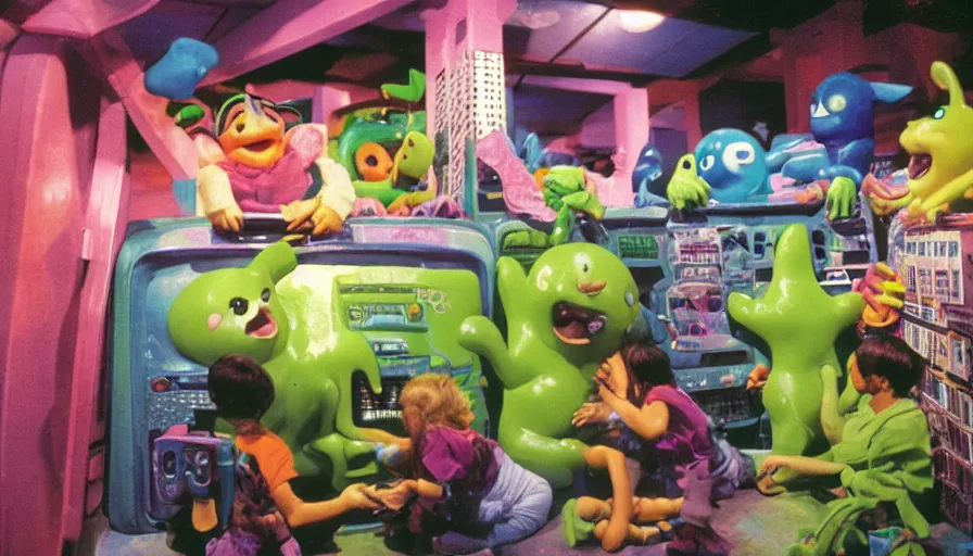 Image similar to 1990s photo of inside the Nickelodeon Blockbuster Gameboy Slime Show ride at Universal Studios in Orlando, Florida, children riding a VHS tape through a Blockbuster video store filled with beanie babies and a big Furby, cinematic, UHD