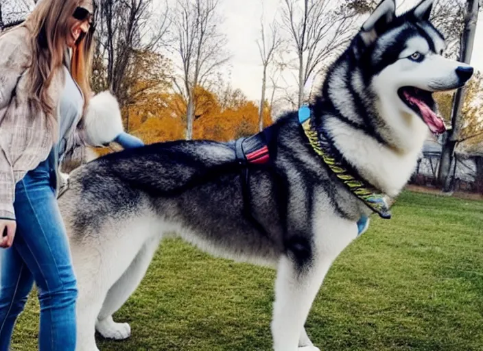Image similar to Photo of a girl walking a giant husky dog that is as tall as her