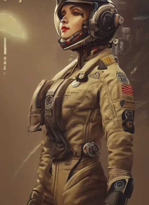 Prompt: detailed full body concept illustration oil painting of a beautiful woman pilot in intricately designed clothing, retro sci-fi, octane render, sss, postprocessing, 4k, cinematic lighting, unreal engine, insanely detailed and intricate, dystopian