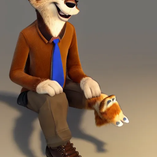 Prompt: portrait, 3d render , anthropomorphic wolf male , wearing a knee length brown jacket , in the style of Zootopia