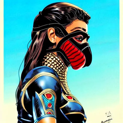 Image similar to a profile photo of a egyptian woman with a diving mask with side profile blood in ocean intricate details by MARVEL comics and Sandra Chevrier-C