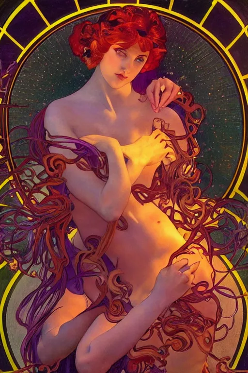 Prompt: she dreams of arcs of purple flame intertwined with glowing sparks, glinting particles of ice, dramatic lighting, steampunk, secret holographic cyphers, red flowers, bright neon solar flares, high contrast, smooth, sharp focus, art nouveau, painting by Caravaggio and Daytoner and Alphonse Mucha