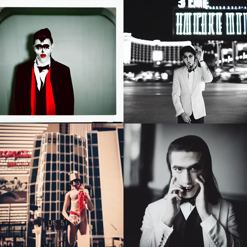 Prompt: 35mm film portrait of a vampire in las vegas, f1.4, behance, trending on instagram