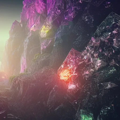 Image similar to falling lights in crystal clusters buoying you into the future the intricate beauty of the rock music fades in the heavens are here, 8 k, octane render