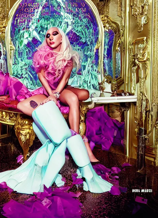 Image similar to lady gaga styled by david lachapelle posing in an expensive mansion setting , vogue magazine, Highly realistic. High resolution. Highly detailed. Dramatic. 8k.4k.