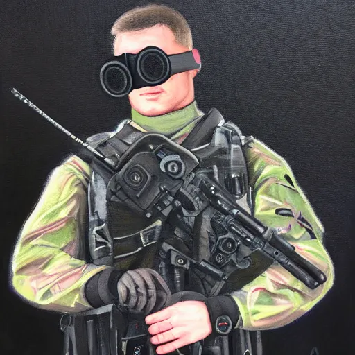 Prompt: portrait painting of a futuristic soldier with advanced night vision goggles, black outfit