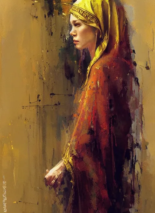 Image similar to portrait of the Virgin Mary wearing golden robes by Jeremy Mann, intricate, warm tones, vivid colors, detailed, stylized, loose brush strokes, looking askance