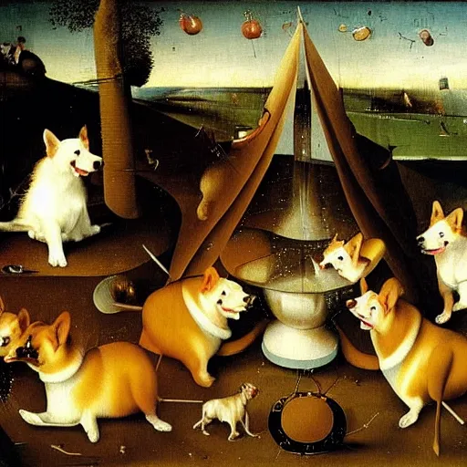 Prompt: highly detailed surreal painting of corgis by hieronymus bosch