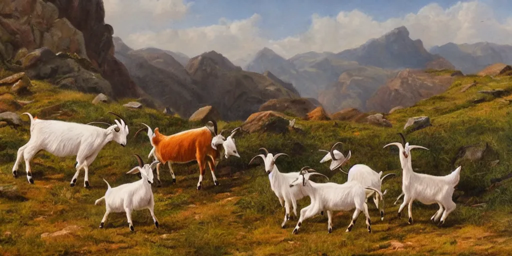 Prompt: painting of goats in the rocky highlands