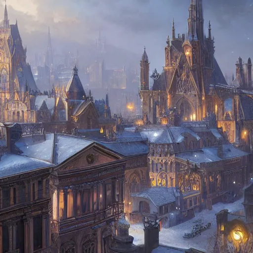 Image similar to an ultra detailed matte painting of the capital city of galic, grid shaped city cobblestone streets, fantasy capital city, light snowfall, wind, inspiring gothic architecture, ultrawide lense, aerial photography, unreal engine, exquisite detail, 8 k, art by greg rutkowski and alphonse mucha