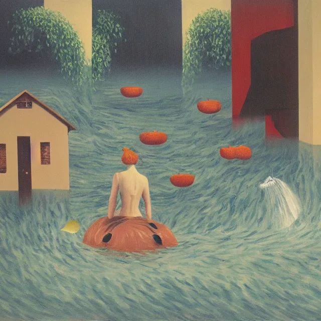 Image similar to painting of flood waters inside an apartment, tall female emo art student, a river flooding indoors, pomegranates, pigs, ikebana, water, river, rapids, waterfall, black swans, canoe, berries dripping, acrylic on canvas, surrealist, by magritte and monet