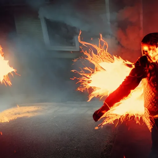 Image similar to a fire mage throwing fireballs at a house, realistic 8 k professional photography, midday lighting, defiant, octane, volumetric lighting, 7 0 mm,