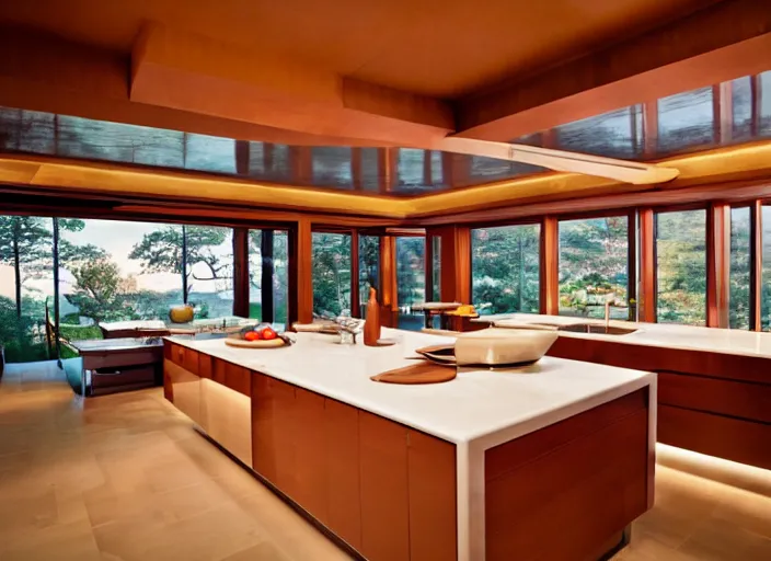 Prompt: a high end luxury kitchen designed by frank lloyd wright, interior design magazine photography