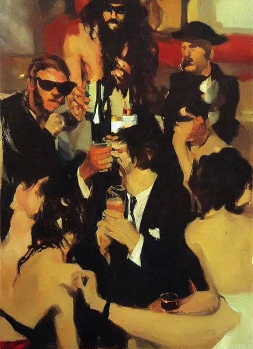 Image similar to glam rocker drinking brutal and raw wine with his friends by joaquin sorolla, phil hale, greek style, ultra detailed