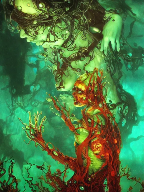 Prompt: ( underwater ) middle length portrait of a living goo on a ( glowing cyborg leshy girl ), cinematic light, looking to the side off camera, backlight glow, green bright red, mist, by mikhail vrubel, by philippe druillet, by peter elson, by gerald brom, muted colors, extreme detail, trending on artstation, 8 k