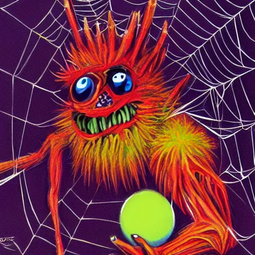 Image similar to a tennis ball monsters ,spider, colorful, digital art, fantasy, magic, trending on artstation, ultra detailed, professional illustration by Basil Gogos