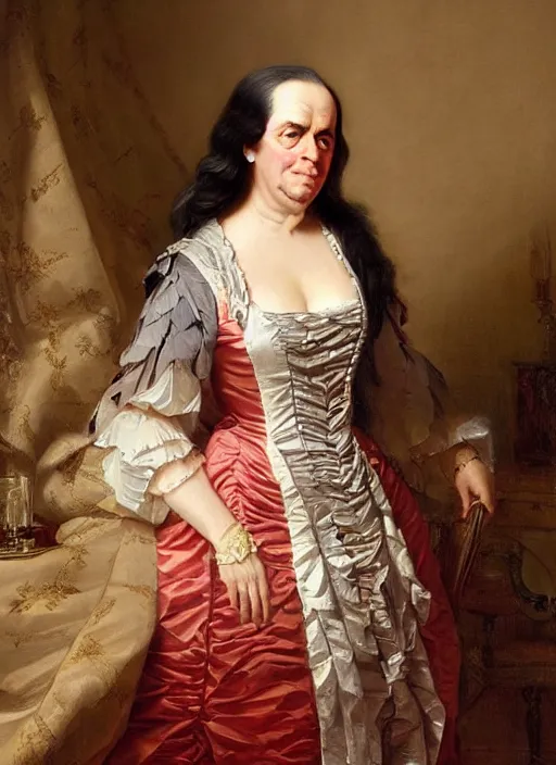 Prompt: portrait of benjamin franklin wearing a kim kardashian dress. digital art by eugene de blaas, ross tran, and nasreddine dinet, vibrant color scheme, intricately detailed, in the style of romanticism. artstation, greg rutkowski