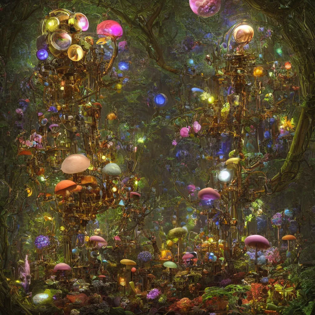 Image similar to victorian robots and bioluminous mushrooms growing in a spheroid forest, 3d render, nightlight Study, by Jan Davidsz de Heem and Lisa Frank, Art Nouveau, 8k, extreme detail, sharp focus, cinema 4d render