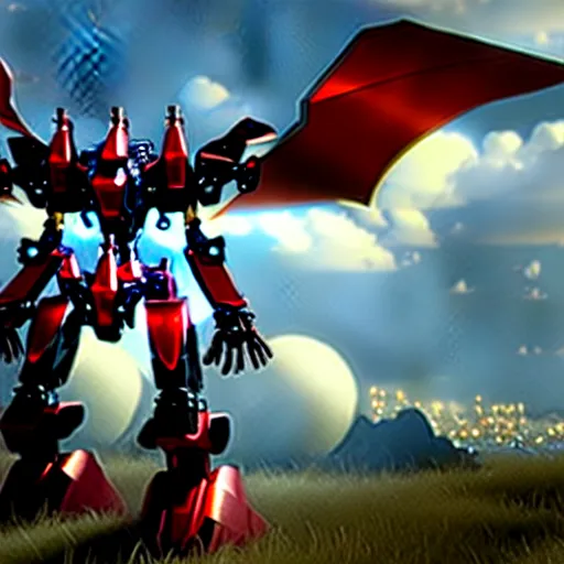 Image similar to a mecha anthro dragon floating in the sky holding a shiny red sword, hyperrealistic, unreal engine, cryengine, 3D