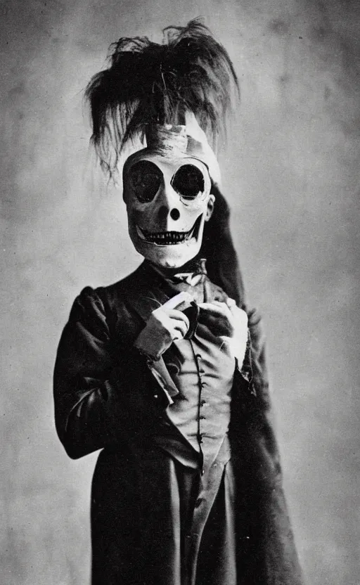 Image similar to a portrait photograph of a victorian wearing a scary vintage halloween mask, creepy, atmospheric, cinematic lighting, epic scene, 1 9 2 0 color photograph