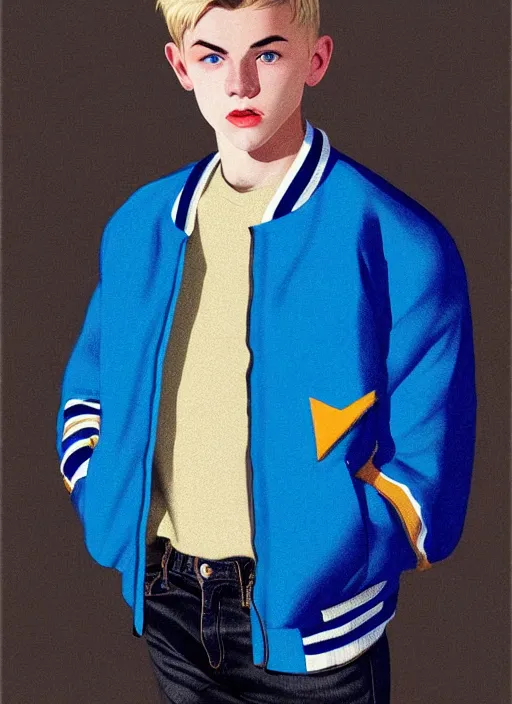 Image similar to portrait of a teenage boy named moose mason, blonde short hair, jock, beefy, square jaw, square facial structure, 1 9 5 0 s, blue varsity jacket, intricate, elegant, glowing lights, highly detailed, digital painting, artstation, concept art, smooth, sharp focus, illustration, art by wlop, mars ravelo and greg rutkowski