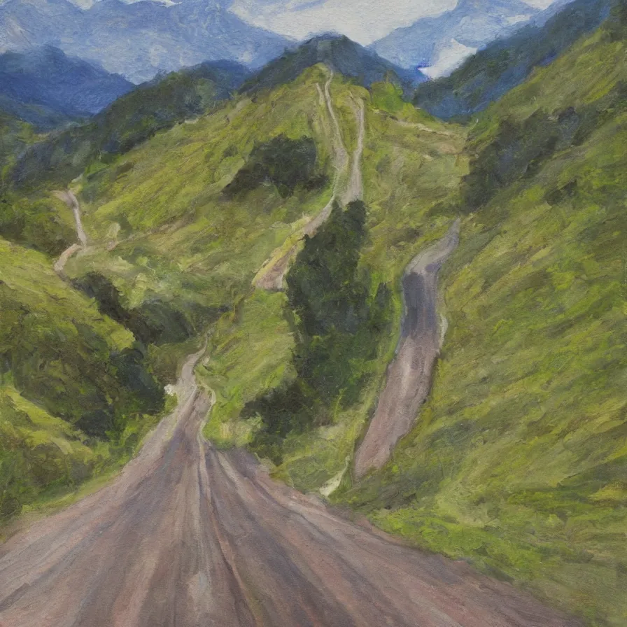Prompt: an artwork about a road going down a beautiful valley