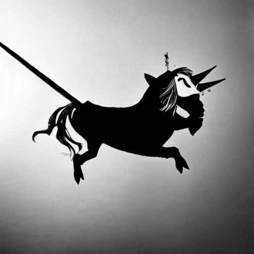 Image similar to flying pig with unicorn horn, derek hess style, black and white, 35mm, 8k