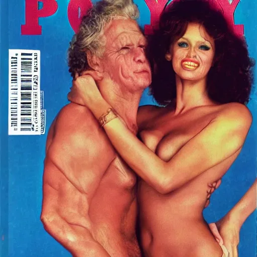 Prompt: the cover of playboy magazine from 1983 with a very ugly woman