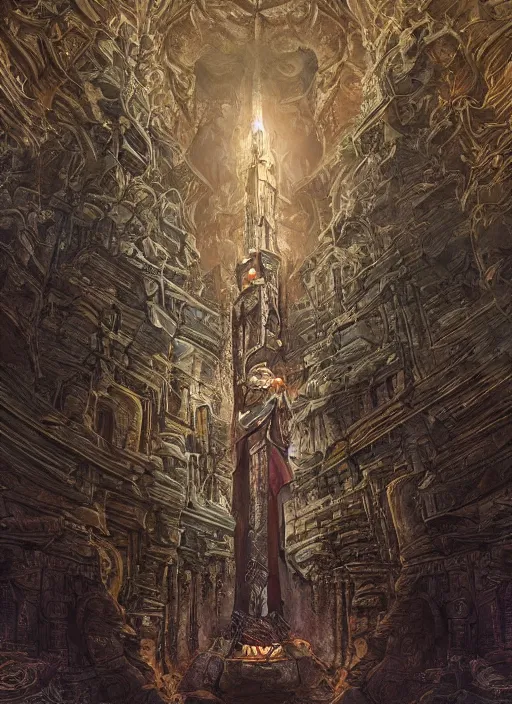 Image similar to a towering stone sentinel with a crystal core, in an ancient vault full of piled gold coins, stone pillars, fantasy digital painting, stunning intricate details, torch lighting, artwork by ross tran, artgerm