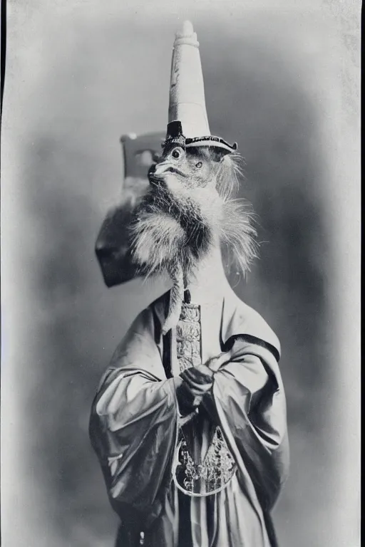 Image similar to a wet plate photo of an anthropomorphic ostrich dressed as pope