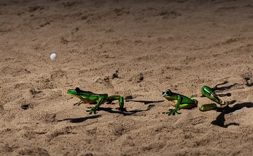 Image similar to frogs playing beach volleyball tornado, highly detailed, extremely high quality, hd, 4 k, 8 k, professional photographer, 4 0 mp, lifelike, top - rated, award winning, cinematic, realistic, detailed lighting, detailed shadows, sharp, no blur, edited, corrected, trending