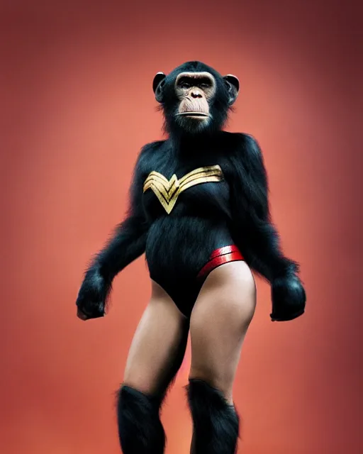 Prompt: a Chimpanzee holding dressed as Wonder Woman, her legs, thighs and calves are completely covered in fur, skin on legs covered in chimpanzee fur, photographed in the style of Annie Leibovitz, photorealistic