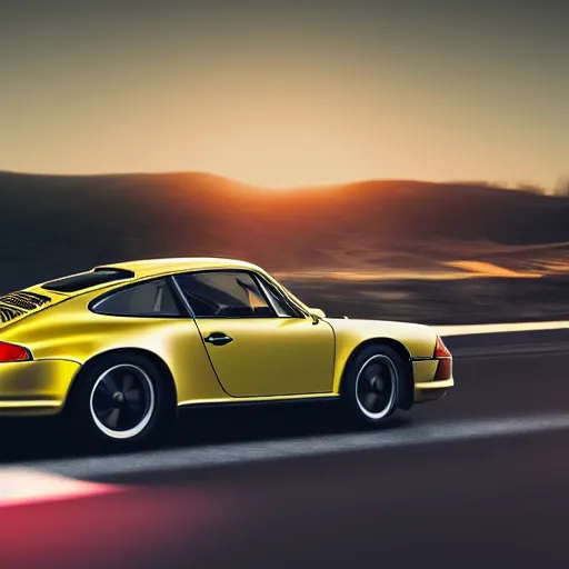 Image similar to porsche 9 1 1 driving sunset hq 4 k, realistic, octane render