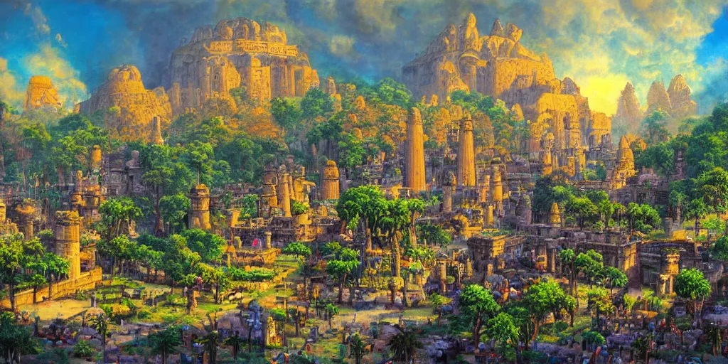 Image similar to fantasy oil painting, regale, refined, fortress mega structure city, luxor, argos, indore, ellora, hybrid, looming, small buildings, warm lighting, street view, overlooking, epic, lush plants flowers, rainforest mountains, bright clouds, luminous sky, outer worlds, cinematic lighting, michael cheval, michael whelan, oil painting, natural tpose