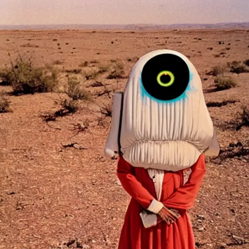 Image similar to woman with an inflatable head and giant eyeballs, in the desert 1972 Jodorowsky film, archival footage, technicolor film expired film live-action, 16mm