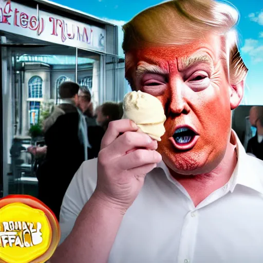 Prompt: Donald Trump eating a 99 flake ice cream, realistic artstyle, wide shot, dramatic lighting, octane render, hyperrealistic, high quality, highly detailed, HD, beautiful, cinematic, 8k, unreal engine, facial accuracy, symmetrical