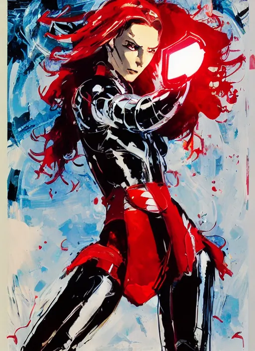 Image similar to marvel scarlet witch, wearing futuristic cybernetic battle armor, by ashley wood, yoji shinkawa, jamie hewlett, 6 0's french movie poster, french impressionism, vivid colors, palette knife and brush strokes, dutch angle