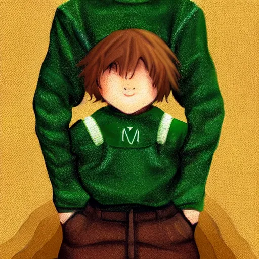 Prompt: boy with short brown hair covering eyes, light green sweater, brown background, digital art, fantasy painting, dungeons and dragons trending on artstation