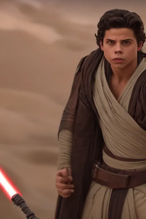 Prompt: jake t. austin as a jedi in star wars the rise of skywalker, 3 5 mm photography, highly detailed, cinematic lighting, standing pose, holding lightsaber 4 k