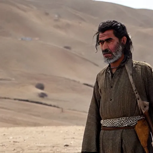 Image similar to Kurdish shepherd wearing Kurdish clothes in a movie directed by Christopher Nolan, movie still frame, promotional image, imax 70 mm footage, 8k