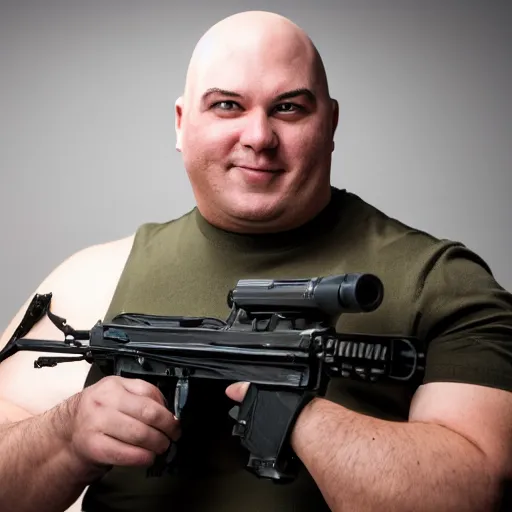 Image similar to Portrait photo of a bald and rougly shaven man named Heavy Weapons Guy, 4k, award winning photo