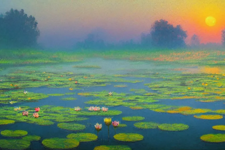 Prompt: impressionism painting of a pond of water lilies on a foggy morning, sun low on horizon through high skyscrapers, soft light, misty, realistic