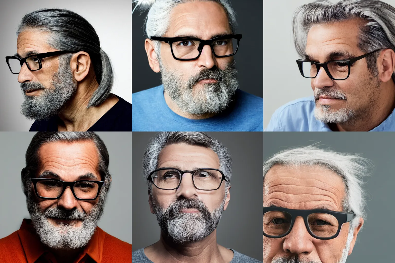 Prompt: portrait of a 50 year old man with gray hair. pony tail, glasses