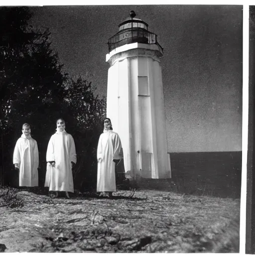 Image similar to worshippers dressed in robes belonging to the cult of the lighthouse. Dilapidated 1800s lighthouse. Unnaturally tall lighthouse. Beacons of light. 1800s photo.