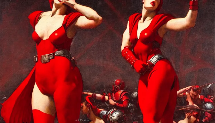 Image similar to only with red, an armored female gladiator in a crowded roman amphitheatre, crowd cheering, in the style of rolf armstrong and ambrosius benson and edward hopper and and rodcenko, intricate and epic composition, red by caravaggio, highly detailed, masterpiece, red light, artstation